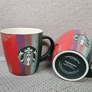 Set of 2 Starbucks Red Green Purple Striped Ceramic Coffee Tea Mug 12 oz